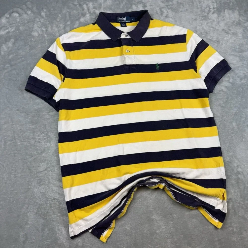 Vintage Polo Ralph Lauren Striped Polo Shirt Mens Large Yellow Navy White Pony